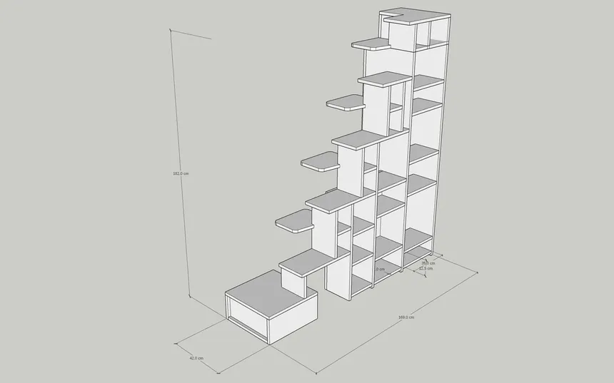 Modelo 3D ejecutivo de escalera a medida con cotas de producción para taller de carpintería